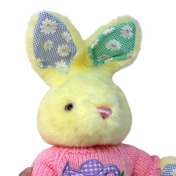KIDS OF AMERICA Yellow Bunny Rabbit Plush Pink Crochet Sweater Floral Watering - Picture 2 of 6